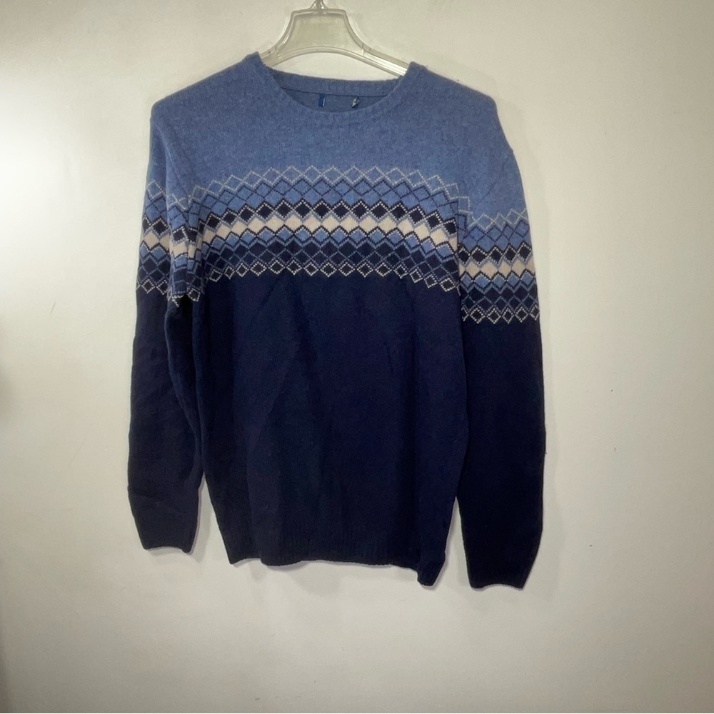 Wool Blend Sweater Italy Fair Isle Nordic Navy Light Blue White Crew Size XL - Picture 2 of 6